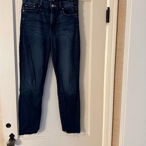 MOTHER Women's Deep Indigo Straight Leg Jeans High Waisted Looker Ankle Fray